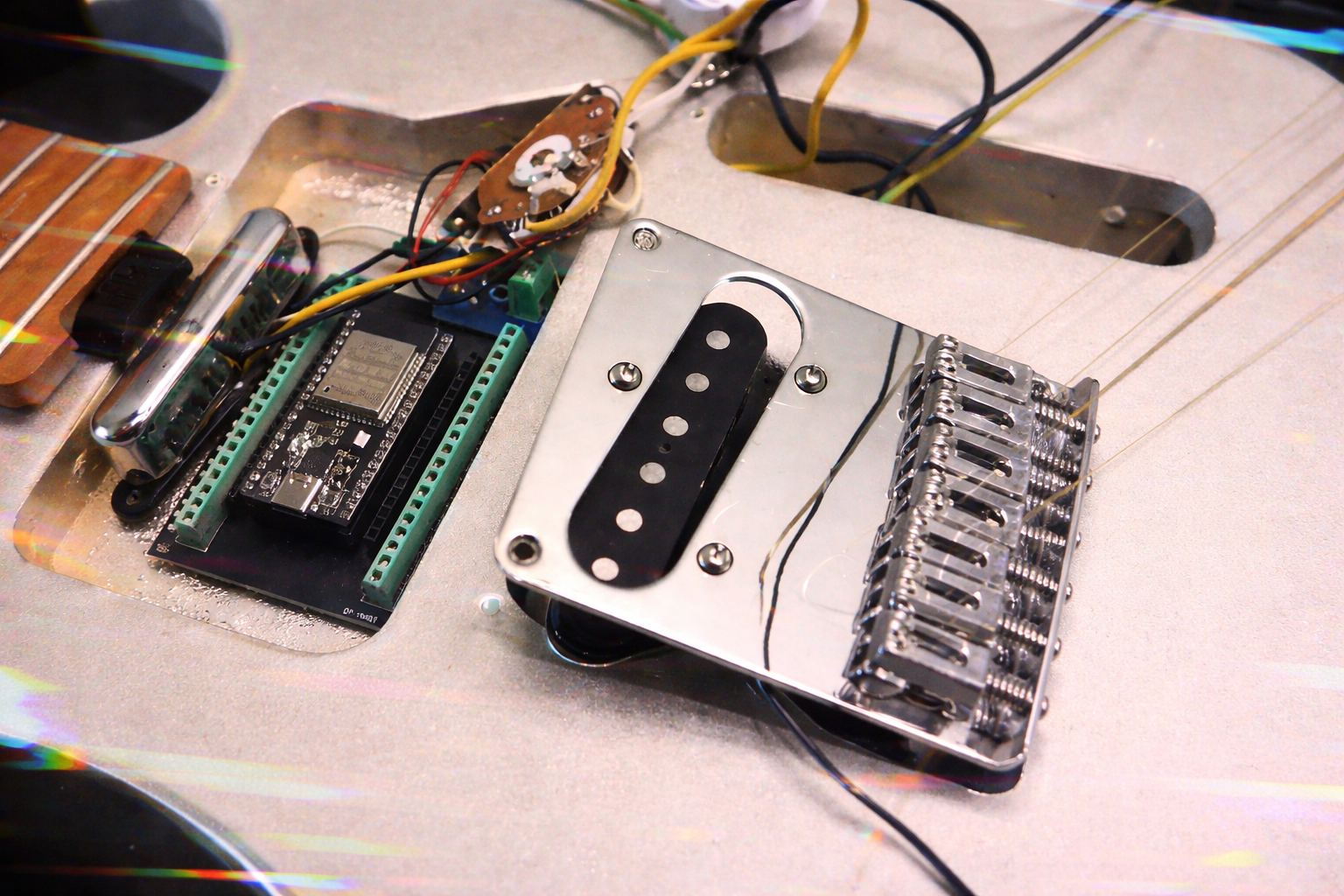 ESP32 entropy harvester installed inside guitar body — GuitaRNG build